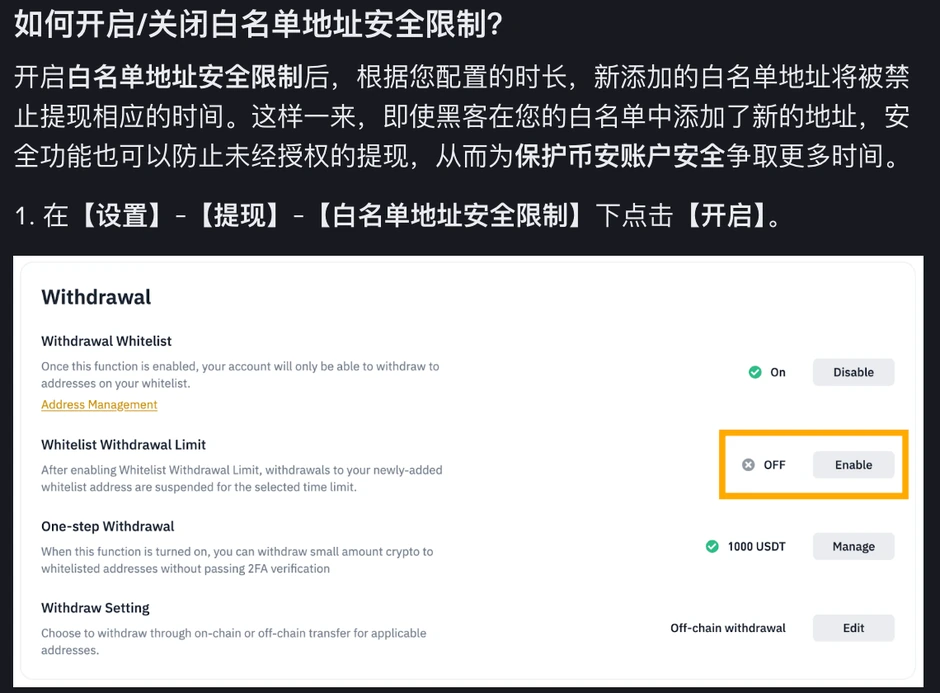 币安帮助中心「如何开启/关闭白名单地址安全限制」章节截图:中文说明下方是提现设置面板,Withdrawal Whitelist 显示 On,Whitelist Withdrawal Limit 显示 OFF 并高亮着 Enable 按钮