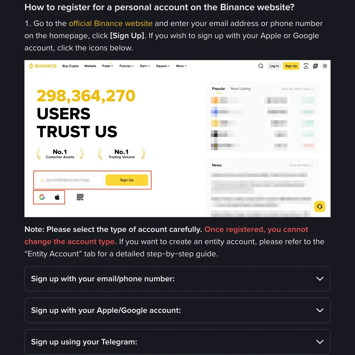 Binance help center section on registering a personal account on the website: step 1 text above the Binance homepage, with the email or phone box, the Sign Up button and the Google and Apple icons outlined in red, then the account-type note and three sign-up options: email or phone, Apple or Google, and Telegram