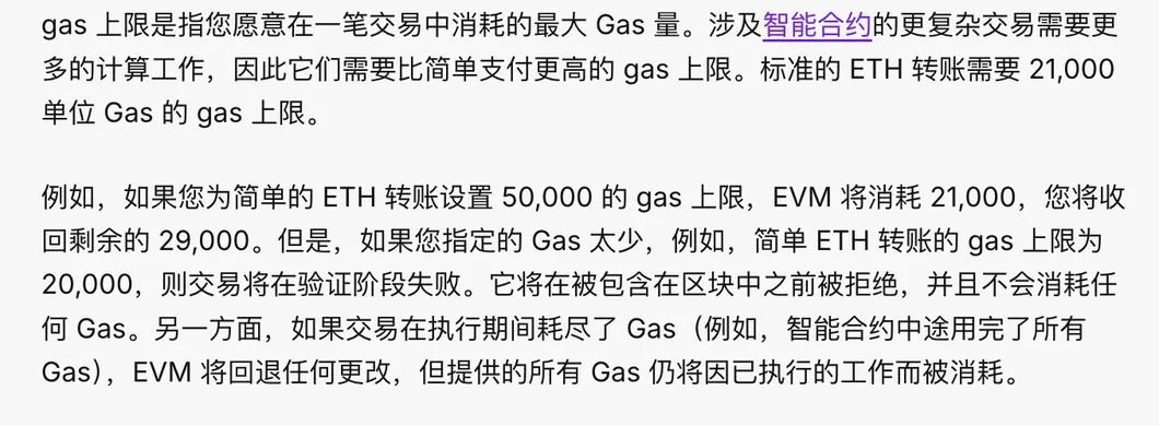 ethereum.org Gas 与费用中文页截图:gas 上限的说明,标准 ETH 转账需要 21,000 单位 Gas;gas 上限设为 20,000 时交易在验证阶段失败、不会消耗任何 Gas;交易在执行期间耗尽 Gas 时 EVM 回退更改,但提供的所有 Gas 仍被消耗