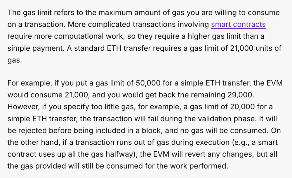 Screenshot of the gas limit section of the Gas and fees page on ethereum.org: a standard ETH transfer needs a gas limit of 21,000; with the gas limit set to 20,000 the transaction fails during the validation phase and consumes no gas; when a transaction runs out of gas during execution the EVM reverts any changes, but all the gas provided is still consumed
