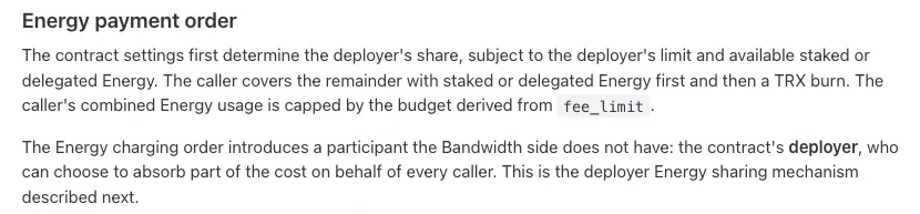 Energy payment order section of TRON's developer documentation: the deployer's share depends on the deployer's limit and available staked or delegated Energy, the caller covers the remainder with staked or delegated Energy first and then a TRX burn, and the caller's total is capped by the budget from fee_limit